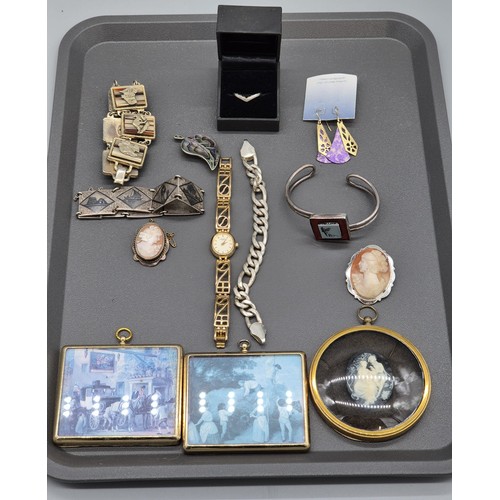 79 - Selection of mixed jewellery and collectables; Silver wishbone ring, Persian Silver Niello bracelet,... 