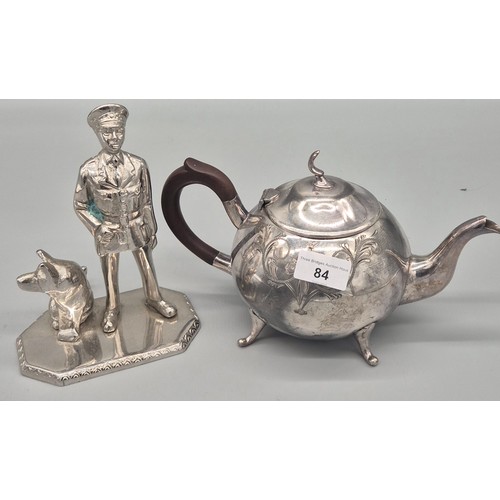 84 - Heavy Silver plated police officer and dog sculpture and Tea Pot.