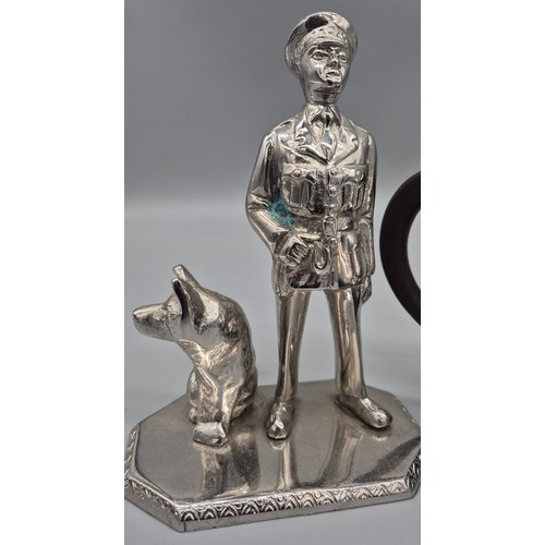 84 - Heavy Silver plated police officer and dog sculpture and Tea Pot.