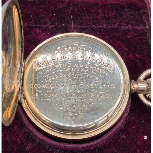 40 - Antique Gold Plated pocket watch presented to Colour. Sergt. J. McIntyre F.Coy 1st V.B.A. & S Highla... 