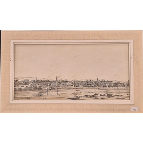 301 - David G Miller 
Original pen and watercolour landscape depicting build up area and river side. Mid c... 