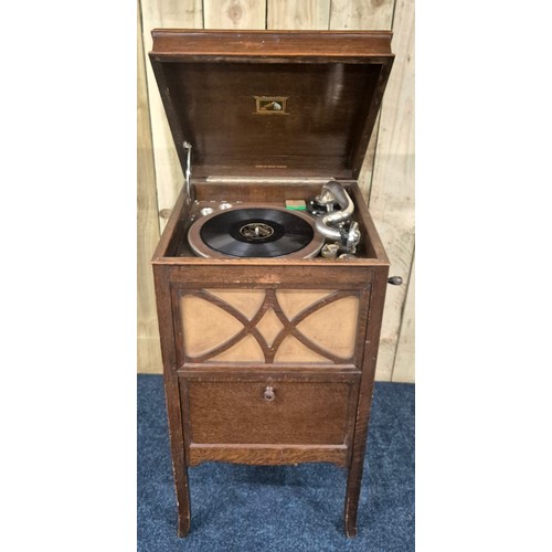 444 - His Masters Voice record player cabinet. Oak cabinet. Plays but mechanism needs attentions. 86x45x43... 