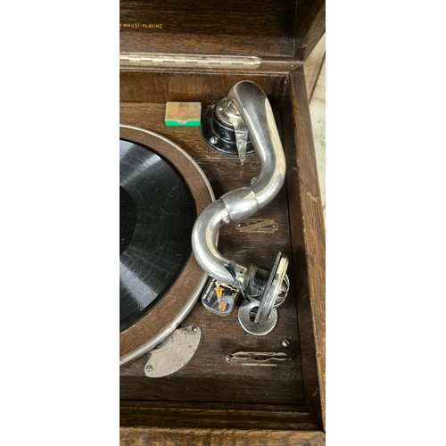 444 - His Masters Voice record player cabinet. Oak cabinet. Plays but mechanism needs attentions. 86x45x43... 