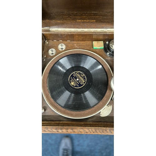 444 - His Masters Voice record player cabinet. Oak cabinet. Plays but mechanism needs attentions. 86x45x43... 