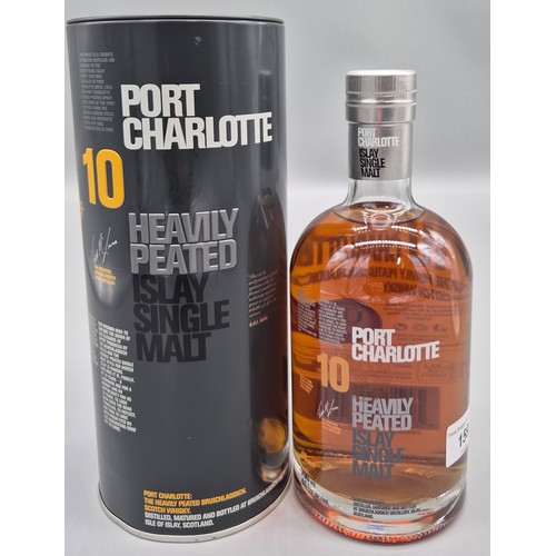 Boxed bottle of Port Charlotte 10 years of Heavy Peated Islay Single Malt. 70cl. Full, sealed and boxed.
