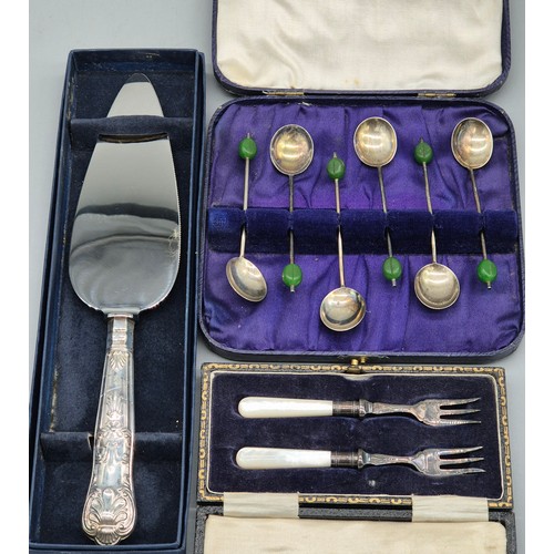 53 - A Selection of silver items; Boxed set of six Birmingham silver coffee bean spoons, Sheffield silver... 