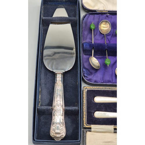 53 - A Selection of silver items; Boxed set of six Birmingham silver coffee bean spoons, Sheffield silver... 