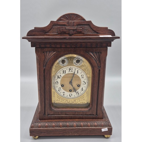 297 - 19th century Walnut cased Junghans Westminster Chime mantle clock. Brass face. 46.5cm high. comes wi... 