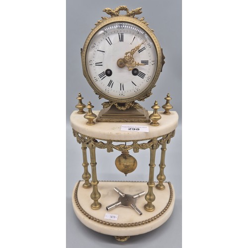 298 - 19th century French gilt brass and marble mantle clock. RACK French Make 13249. Bell movement. Comes... 