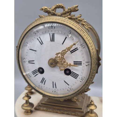 298 - 19th century French gilt brass and marble mantle clock. RACK French Make 13249. Bell movement. Comes... 