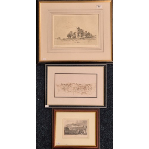 307 - Three various art works; 19th century engraving titled 