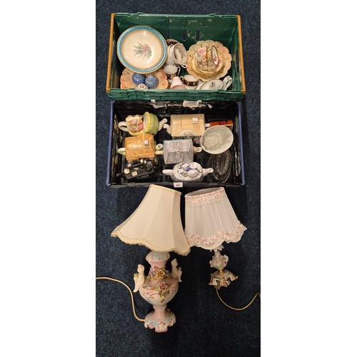 500 - Two Crates of Victorian tea ware, collectables novelty tea pots & two porcelain hand painted lamps