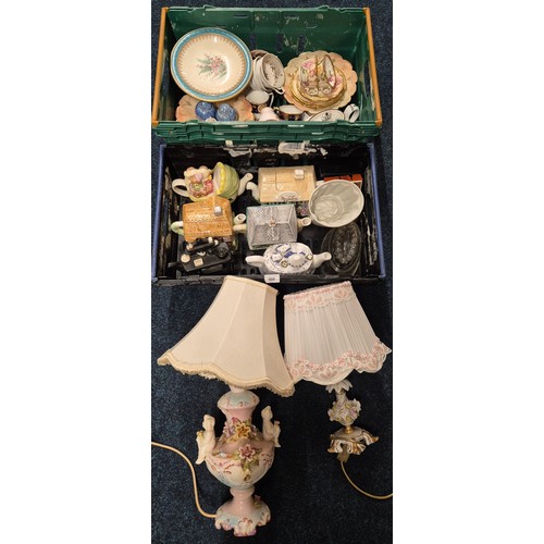 500 - Two Crates of Victorian tea ware, collectables novelty tea pots & two porcelain hand painted lamps