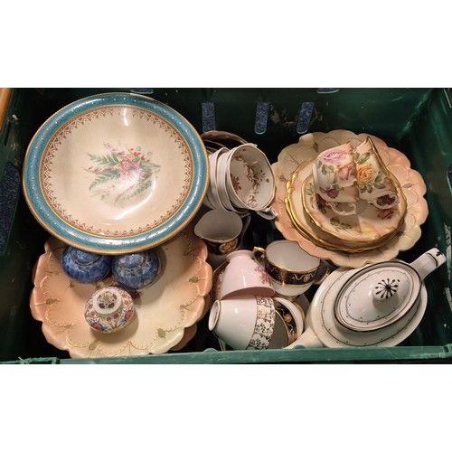 500 - Two Crates of Victorian tea ware, collectables novelty tea pots & two porcelain hand painted lamps