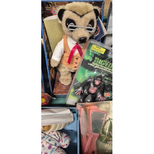 467 - A Crate of vintage collectable Meerkat dolls with Certificates & Vintage Toys.