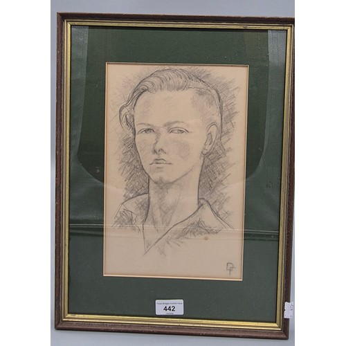 442 - WW1 Soldier portrait drawing signed initial's DF together with Royal Gordon Highlanders Advertising ... 