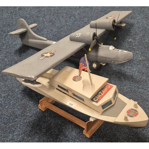 439 - Large Vintage Wooden Plane Model together with Radio Controlled Boat Model on stand