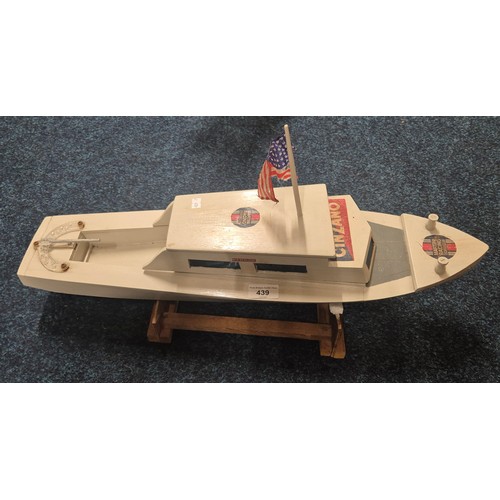 439 - Large Vintage Wooden Plane Model together with Radio Controlled Boat Model on stand