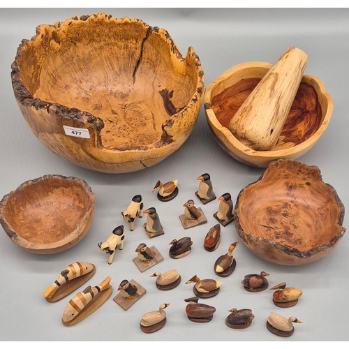 477 - A collection of antique Carved wooden bowls, Pestel & mortar together with A collection of small woo... 