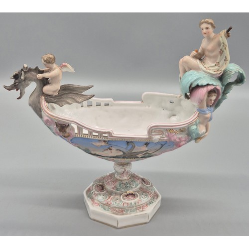 357 - Continental Porcelain Boat Shaped Centre piece Pedestal bowl with Dragon Prow Ridden by cherub & Nym... 