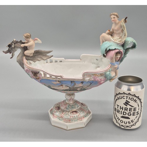 357 - Continental Porcelain Boat Shaped Centre piece Pedestal bowl with Dragon Prow Ridden by cherub & Nym... 