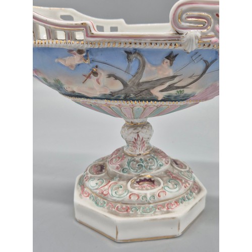 357 - Continental Porcelain Boat Shaped Centre piece Pedestal bowl with Dragon Prow Ridden by cherub & Nym... 