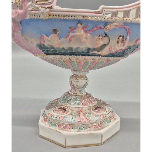 357 - Continental Porcelain Boat Shaped Centre piece Pedestal bowl with Dragon Prow Ridden by cherub & Nym... 