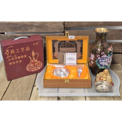 495 - A collection of Chinese related collectables; Boxed Chinese soup set, boxed tea set, cloisonne vase ... 