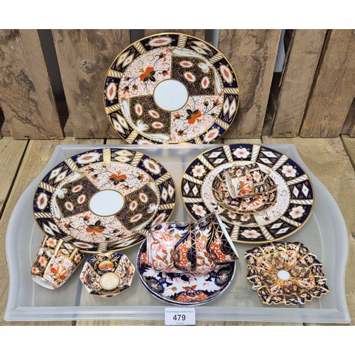 479 - A Tray of Royal Crown Derby Imari Plates, Cups n saucers & pin dishes