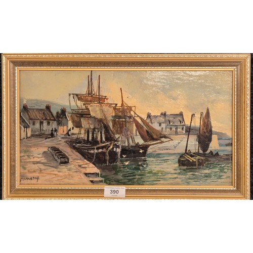 390 - Middleton signed oil on board titled Aberdeen Harbour in fitted framing. 27x45cm