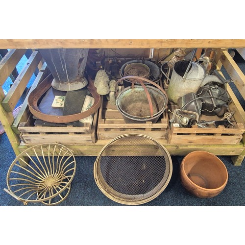 438 - Three Crates of Vintage Garden tea pots, watering cans, jelly pan, toad stool garden ornament, stone... 