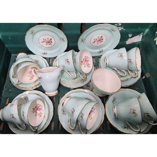 436 - Large Sutherland Staffordshire blue background hand painted flower scene tea service