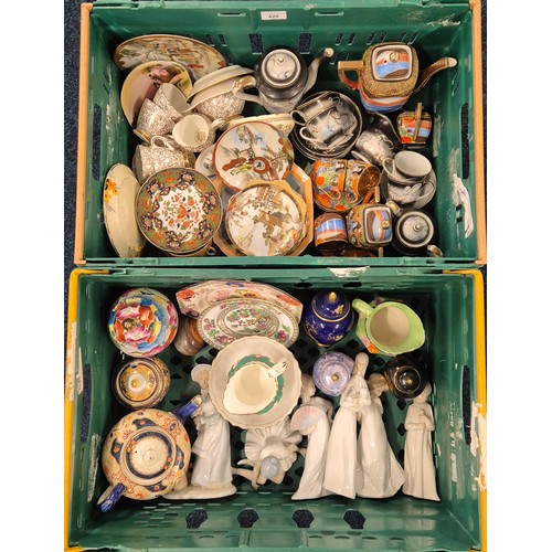 428 - Two Crates of tea wares & collectables; Nao & Spanish pottery figures, Carlton Ware small blue groun... 