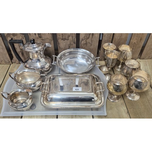 425 - A collection of Silver plated wares; Three Piece silver plated tea service , Tureen with lid, double... 