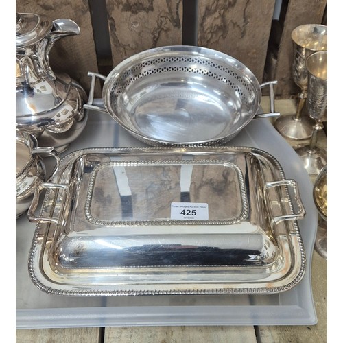 425 - A collection of Silver plated wares; Three Piece silver plated tea service , Tureen with lid, double... 