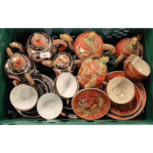 423 - A Crate of two Satsuma Dragon pattern tea services; Tea Pots, sugar pots, milk jugs & cup n Saucers