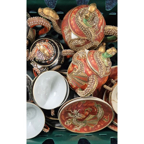 423 - A Crate of two Satsuma Dragon pattern tea services; Tea Pots, sugar pots, milk jugs & cup n Saucers