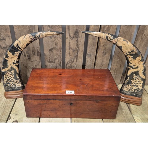 420 - A Pair of decorative carved buffalo Horns depicting Tiger, Phoenix & Dragons. Together with 19tb cen... 