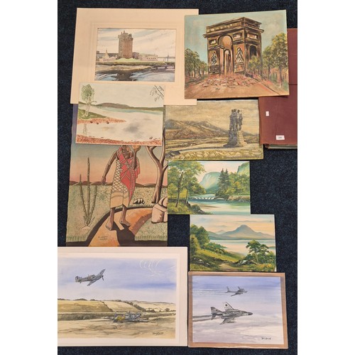 389 - A Portfolio of Artworks; Oil paintings Broughty Castle, Two N.Willis Highland scene paintings unfram... 