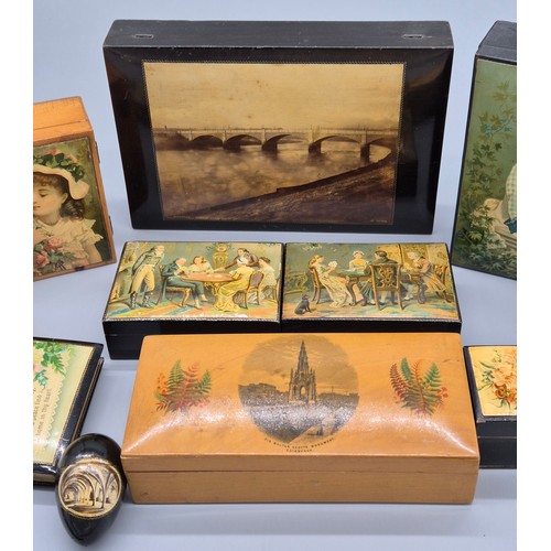 234 - Tray of collectable Mauchline Ware; Black lacquered ware, page turner, various printed scene topped ... 