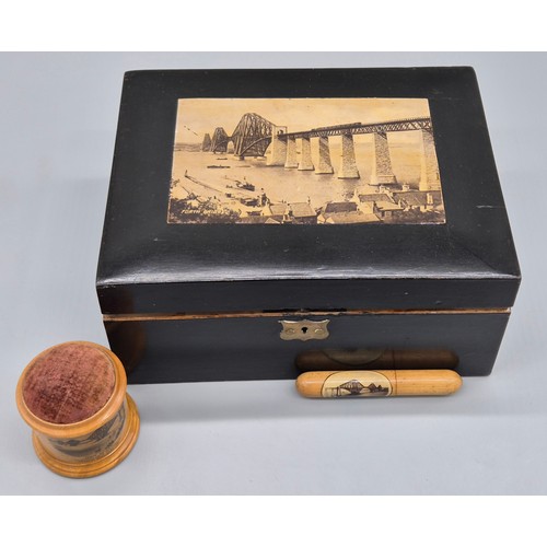 229 - Three items of Mauchline ware relating to the Forth Rail Bridge; Clarke & Co's Anchor sewing box, ne... 