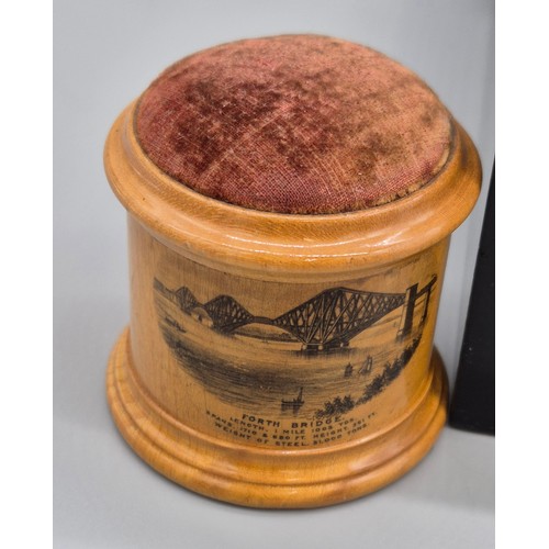 229 - Three items of Mauchline ware relating to the Forth Rail Bridge; Clarke & Co's Anchor sewing box, ne... 