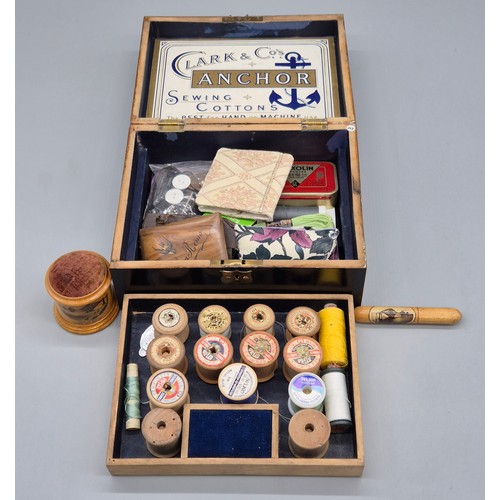 229 - Three items of Mauchline ware relating to the Forth Rail Bridge; Clarke & Co's Anchor sewing box, ne... 