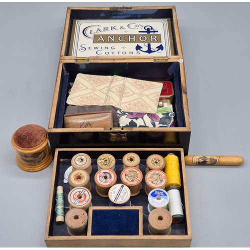 229 - Three items of Mauchline ware relating to the Forth Rail Bridge; Clarke & Co's Anchor sewing box, ne... 