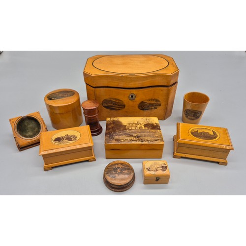 224 - A Collection of Mauchline Ware; Victorian tea caddy- Tay Bridge, Pocket watch holder-Dunkeld Castle ... 