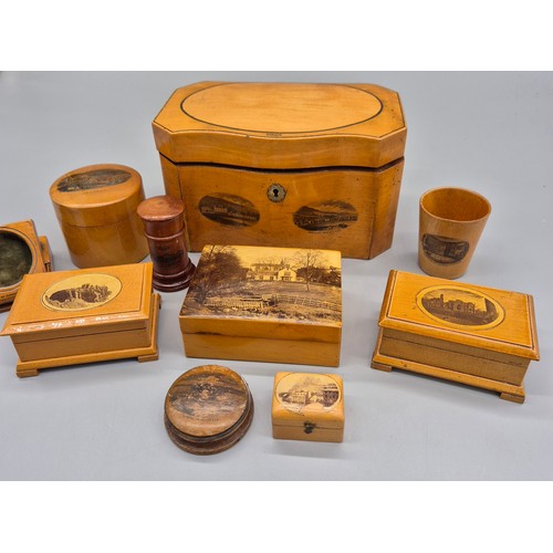 224 - A Collection of Mauchline Ware; Victorian tea caddy- Tay Bridge, Pocket watch holder-Dunkeld Castle ... 