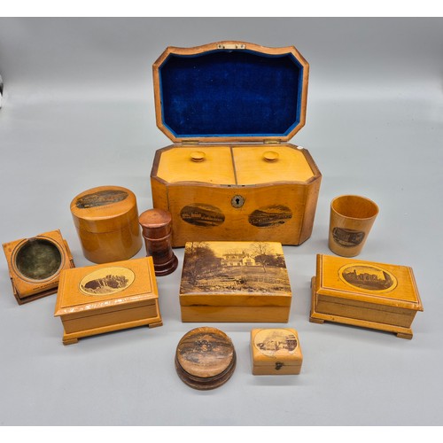 224 - A Collection of Mauchline Ware; Victorian tea caddy- Tay Bridge, Pocket watch holder-Dunkeld Castle ... 