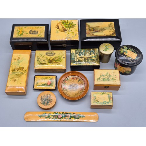 225 - A Collection of Mauchline ware; Floral and black lacquered wear. card boxes, pin dishes, book, Rare ... 