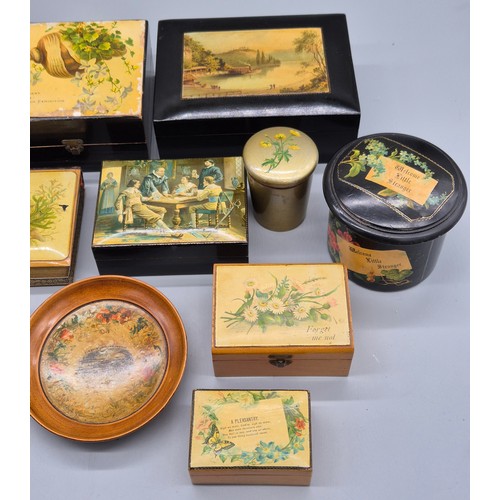 225 - A Collection of Mauchline ware; Floral and black lacquered wear. card boxes, pin dishes, book, Rare ... 