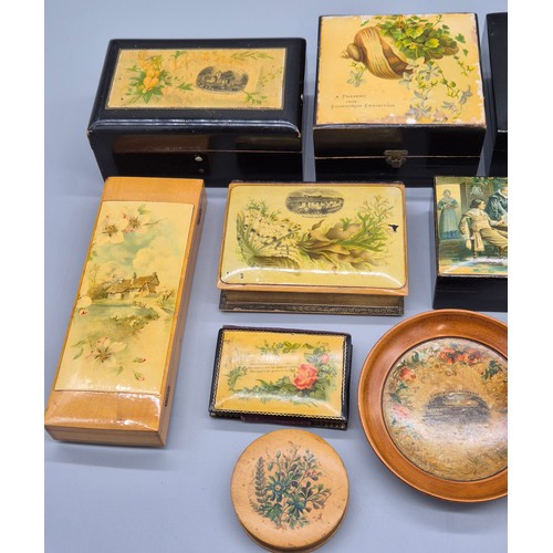 225 - A Collection of Mauchline ware; Floral and black lacquered wear. card boxes, pin dishes, book, Rare ... 